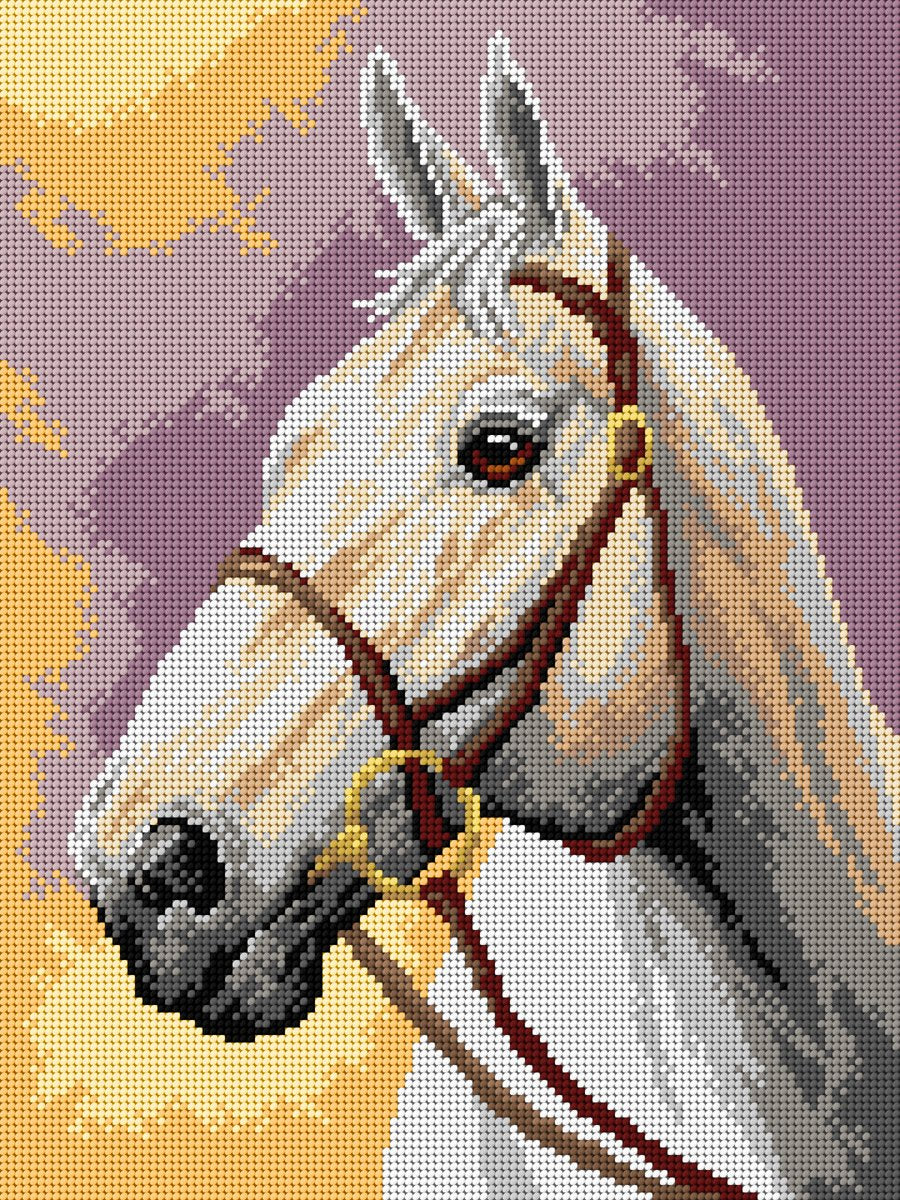 Gobelin canvas featuring a white horse design, perfect for halfstitch embroidery, made from 100% cotton.