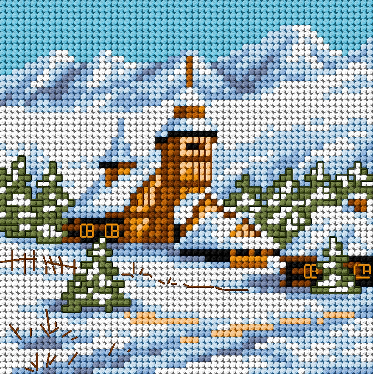 Gobelin canvas for halfstitch featuring a Winter Landscape with Church design, measuring 15x15 cm, made of 100% cotton.