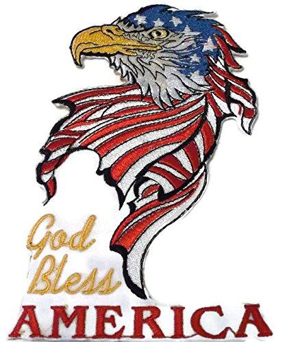 God Bless America embroidered patch, featuring vibrant colors and intricate design, measuring 7.3 inches by 4.17 inches, suitable for iron-on or sewing.