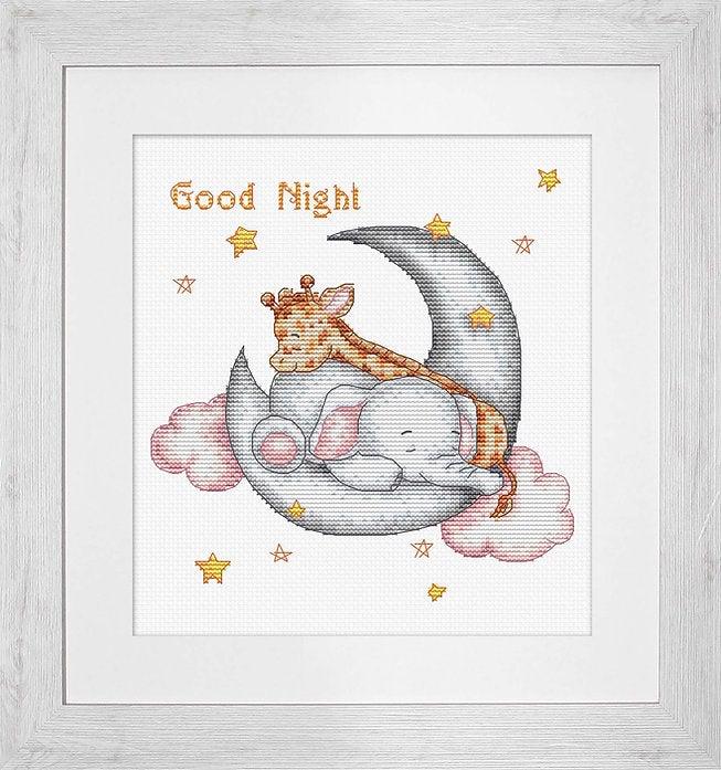 Good Night B1192L Counted Cross-Stitch Kit featuring a cartoon sleeping elephant and giraffe on high-quality Zweigart fabric.