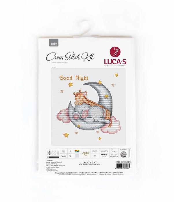 Good Night B1192L Counted Cross-Stitch Kit featuring a cartoon sleeping elephant and giraffe on high-quality Zweigart fabric.