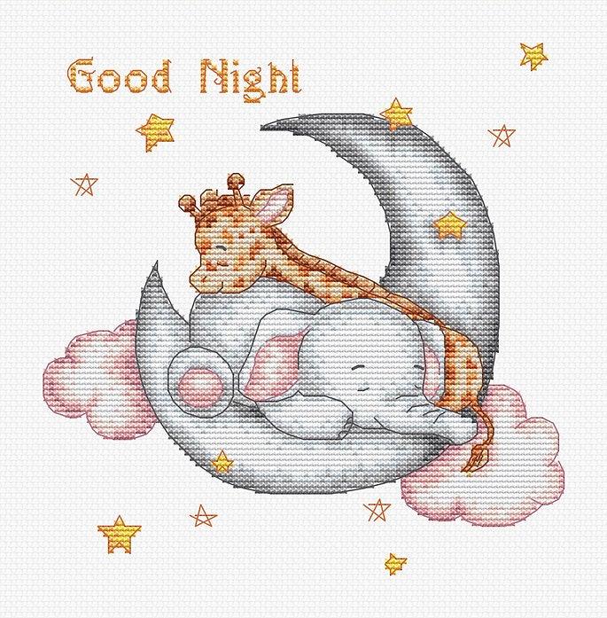 Good Night B1192L Counted Cross-Stitch Kit featuring a cartoon sleeping elephant and giraffe on high-quality Zweigart fabric.