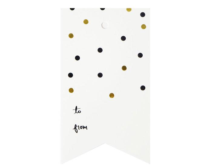 Gold & Black Confetti Single Tag with gold foil accents in a flag shape, perfect for gift wrapping.