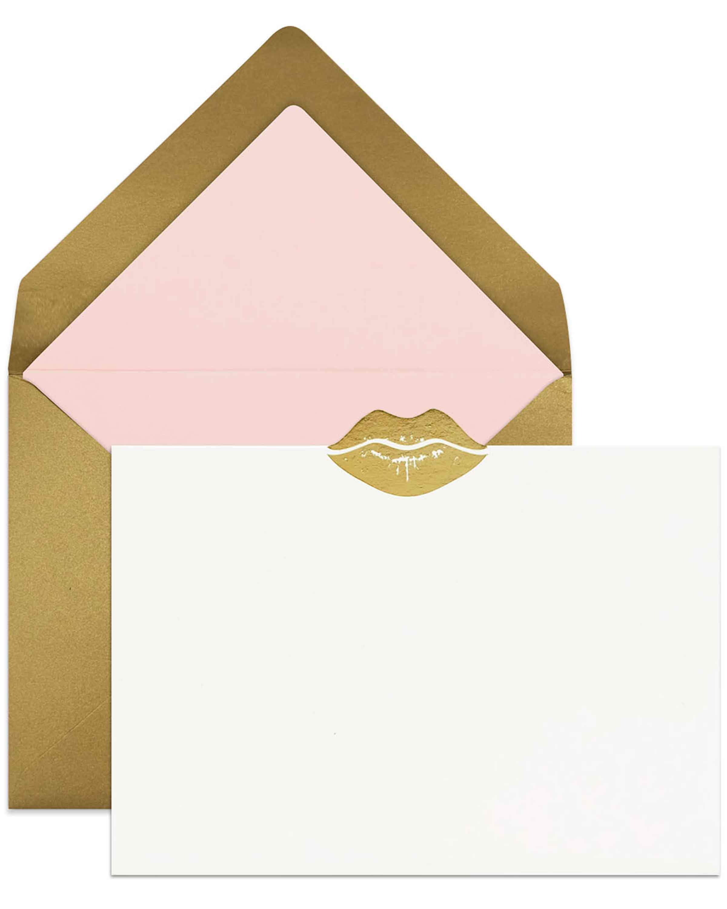 Set of Gold Kiss Notecards featuring gold foil accents and lined envelopes.