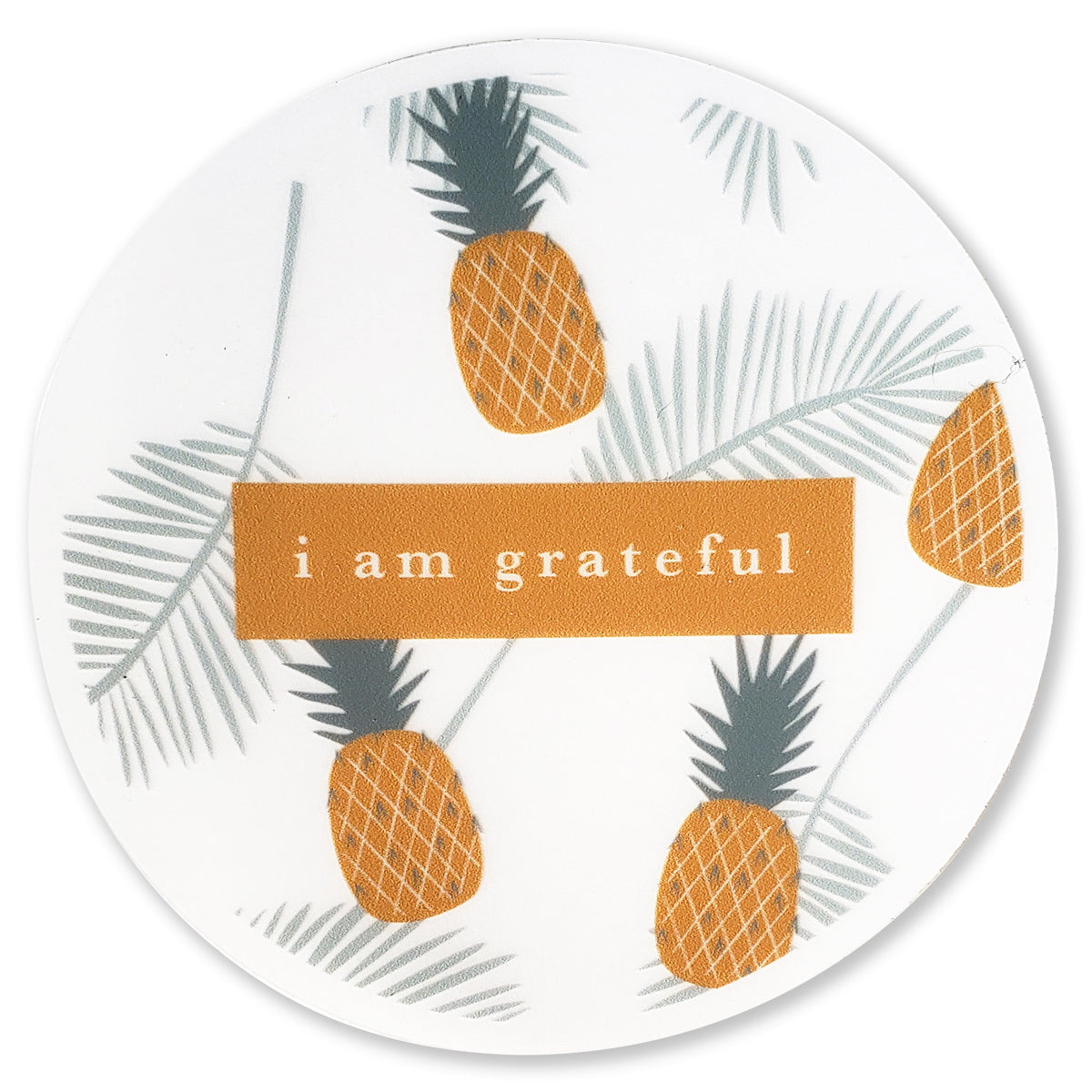 Golden 3-inch clear gratitude sticker with a joyful design, perfect for personalizing items and spreading positivity.