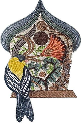 Goldfinch Birdhouse embroidered patch, 7.5 inches by 5 inches, showcasing vibrant colors and intricate embroidery details.