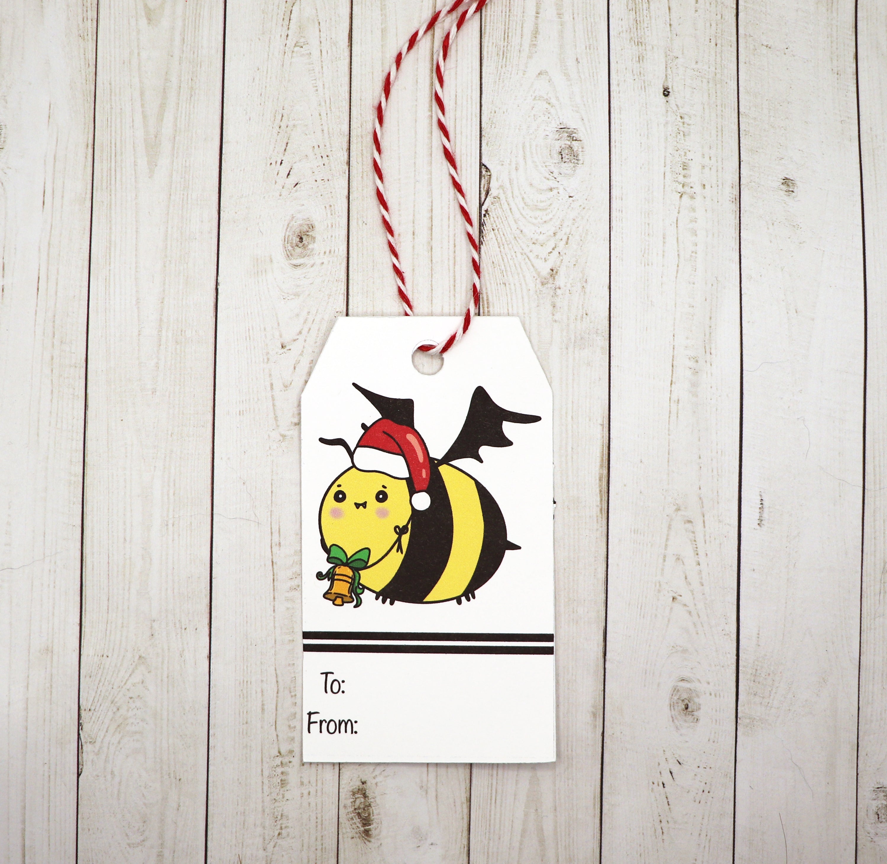 Goth Christmas Bee Gift Tag set featuring 8 unique tags with red and white twine, printed on heavy white cardstock.