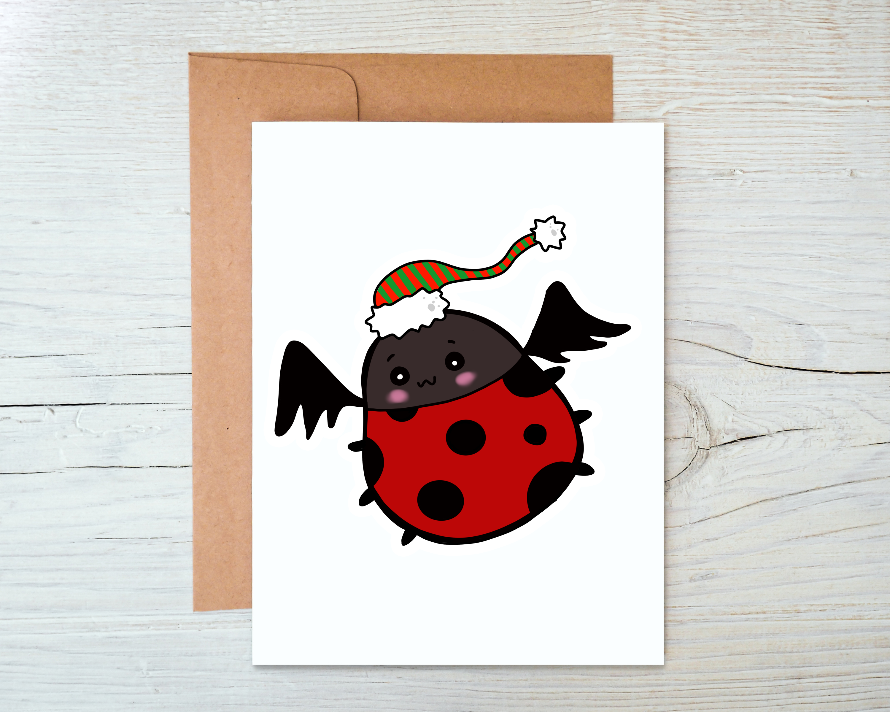 Gothic Christmas Lady Bug Card with a blank interior and Kraft envelope, featuring a unique design perfect for holiday greetings.