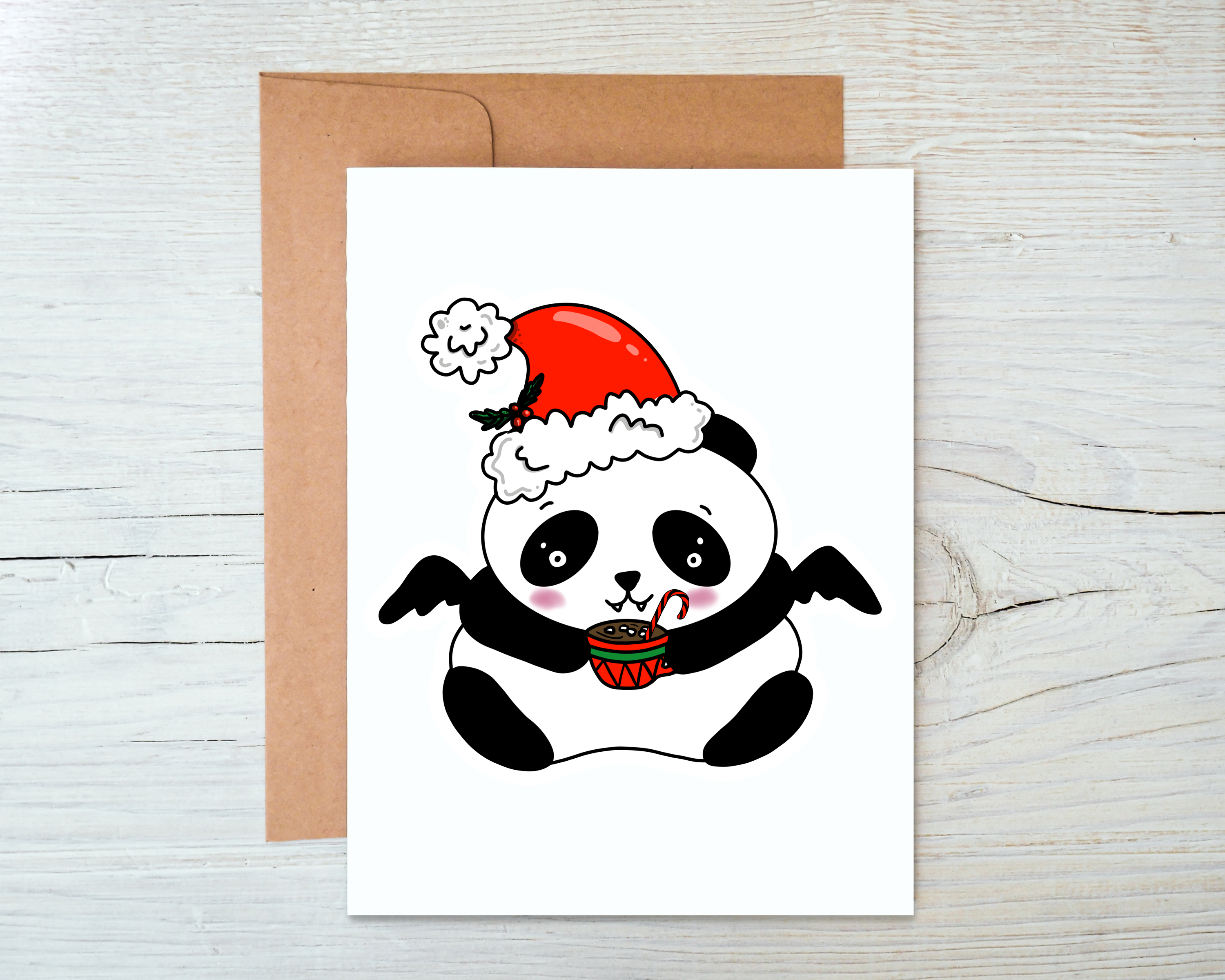 Goth Christmas Panda Card featuring a unique gothic design, blank inside, with a kraft envelope, perfect for holiday greetings.