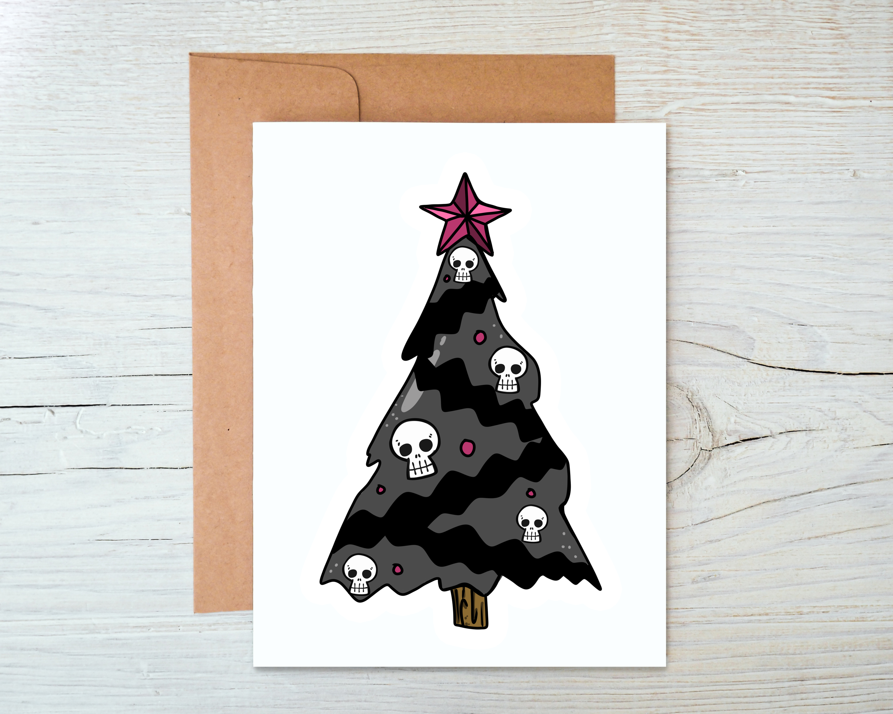 Goth Skull Tree card with a blank interior and kraft envelope, featuring a unique gothic design.