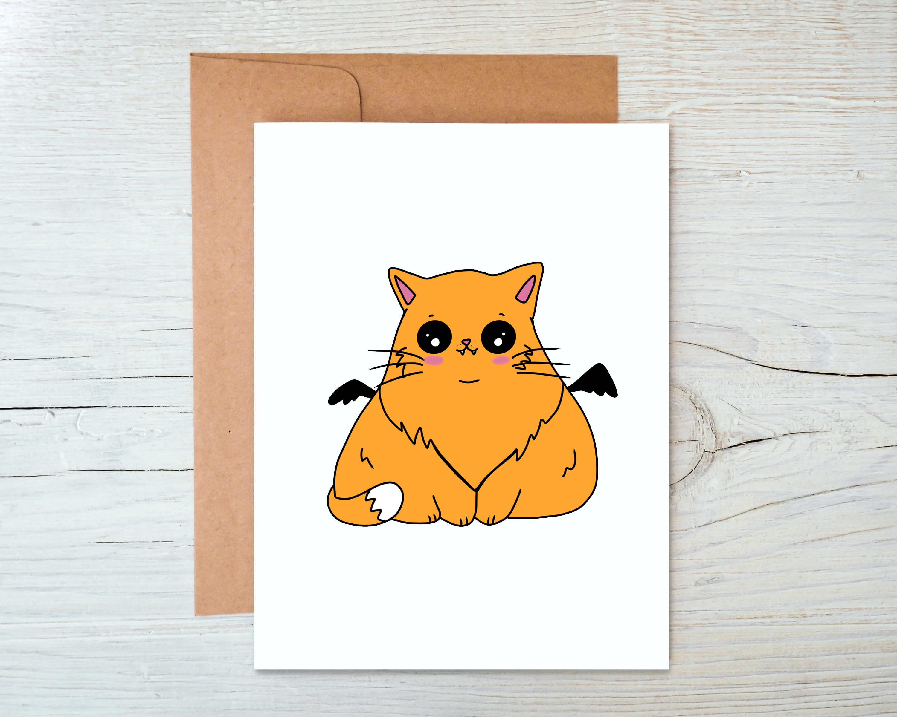 Gothic Cat Card featuring a unique design, blank inside, and accompanied by a kraft envelope.