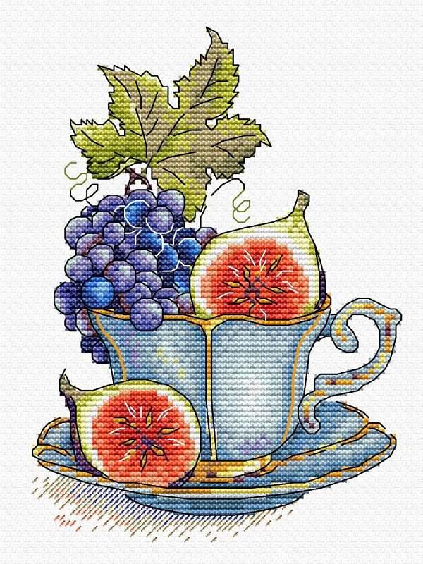 Grapes & Fig SM-605 Counted Cross-Stitch Kit featuring Aida canvas, colorful threads, and a black and white chart.