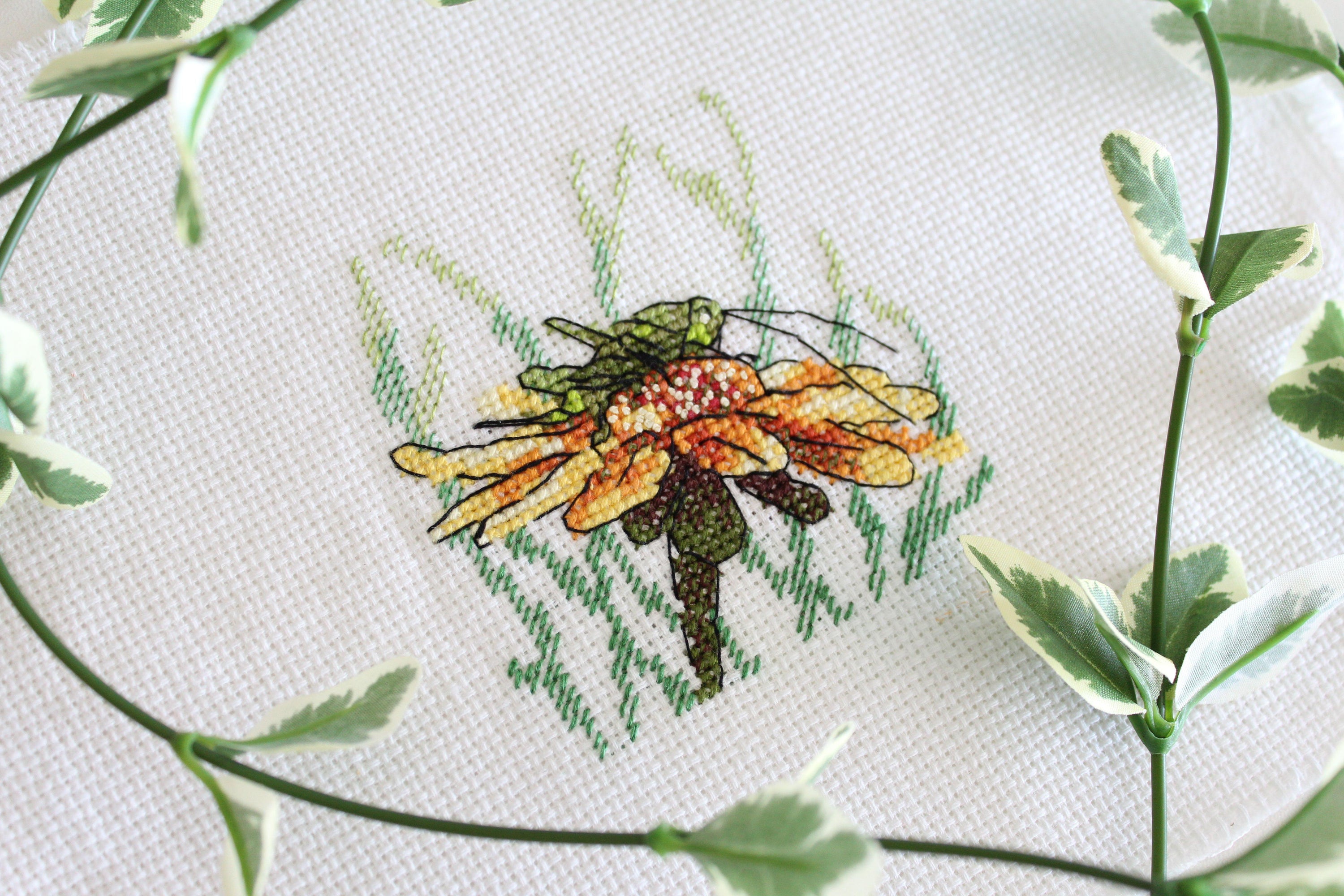 Grasshopper on Coneflower SM-622 Counted Cross Stitch Kit with Aida canvas, threads, and needle.