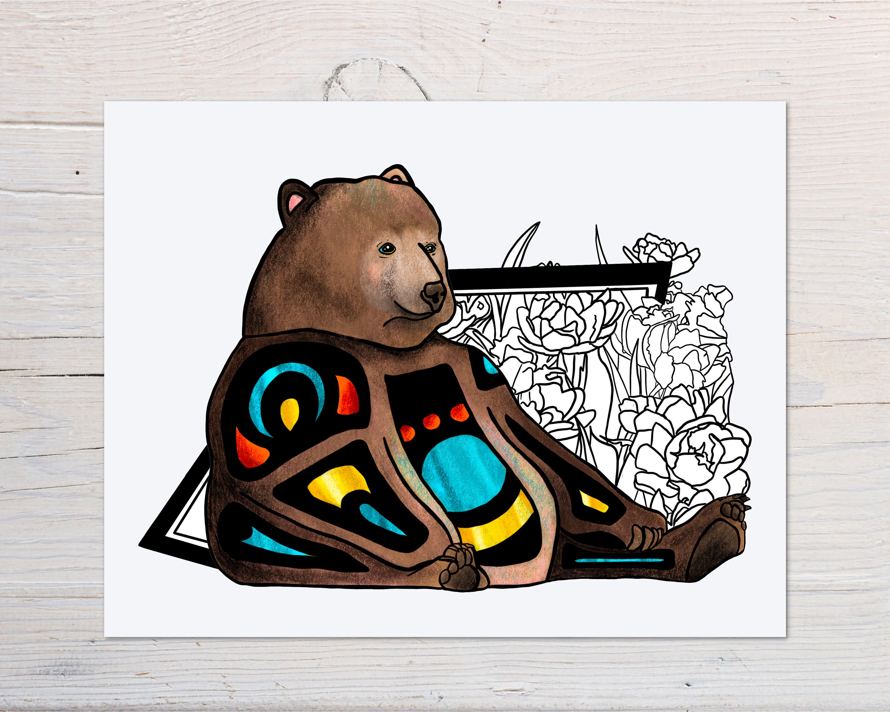 A vibrant Grizzly Bear Art Print by Brody, 2021, showcasing rich colors and intricate details on high-quality matte paper.