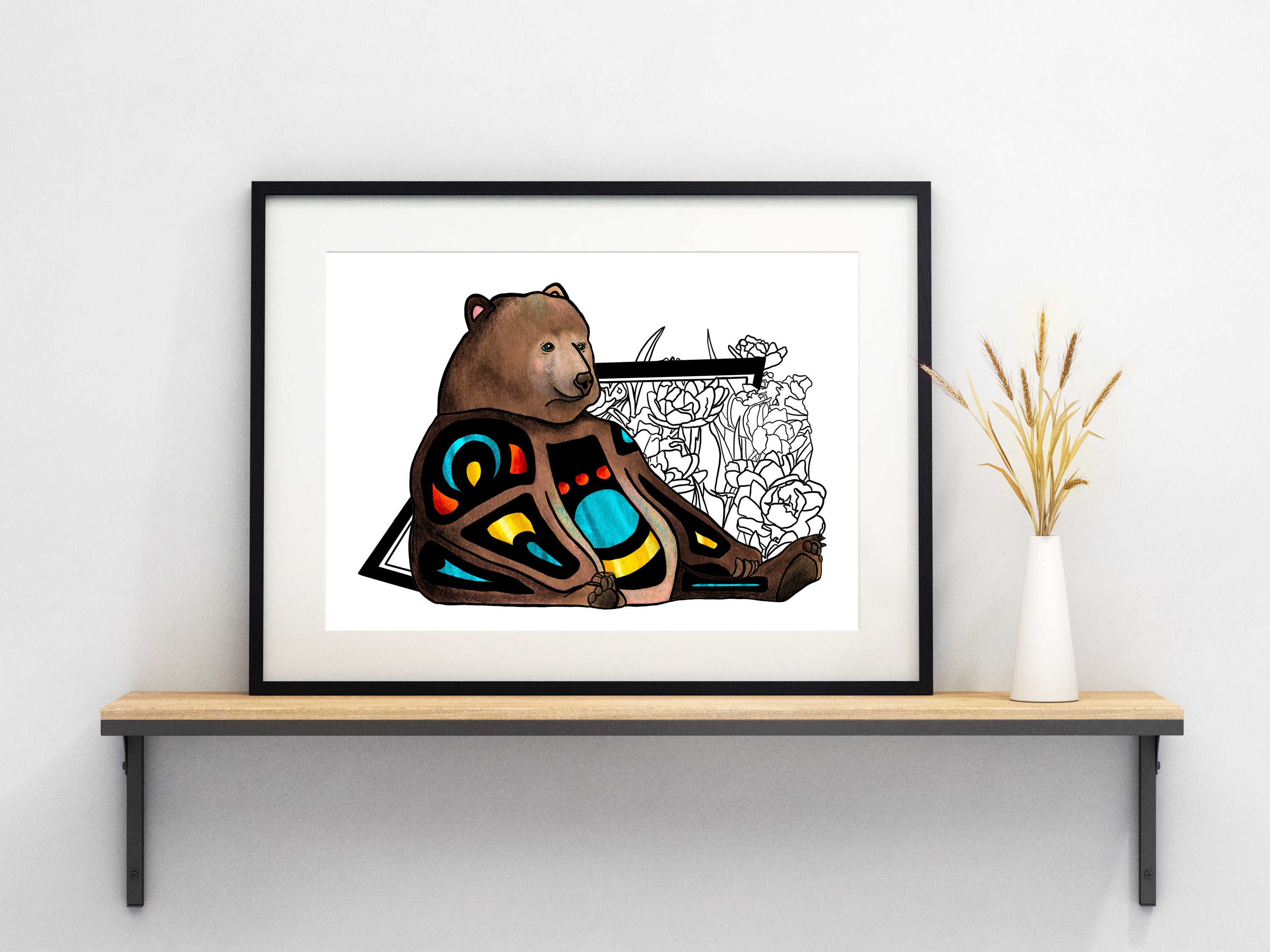 A vibrant Grizzly Bear Art Print by Brody, 2021, showcasing rich colors and intricate details on high-quality matte paper.