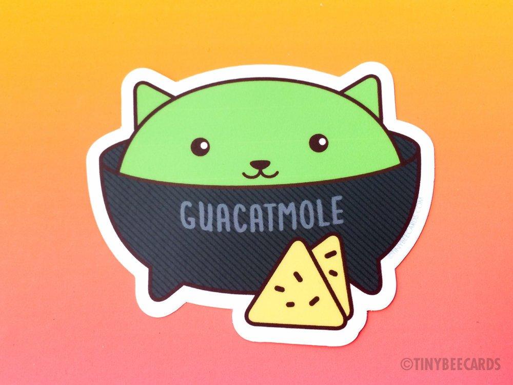 A cute vinyl sticker featuring a guacamole cat with the pun text 'Guacatmole', perfect for personalizing items.