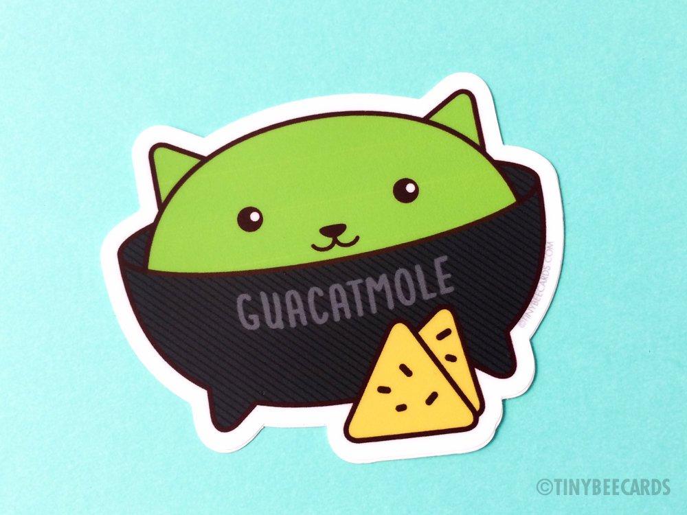 A cute vinyl sticker featuring a guacamole cat with the pun text 'Guacatmole', perfect for personalizing items.