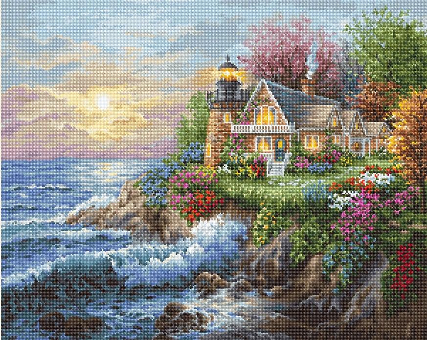 Guardian Of The Sea B613L Counted Cross-Stitch Kit featuring ocean sunset, mountain beacon, and flowers on high-quality canvas.