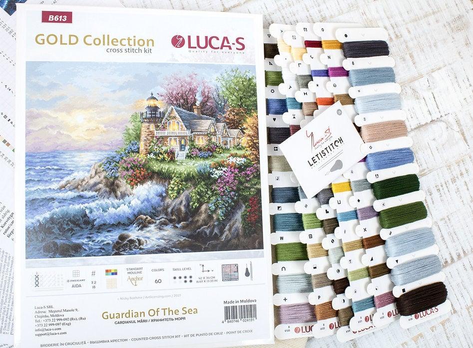 Guardian Of The Sea B613L Counted Cross-Stitch Kit featuring ocean sunset, mountain beacon, and flowers on high-quality canvas.