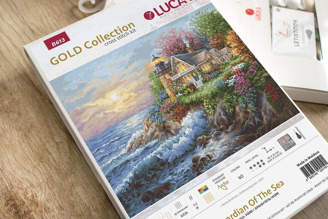 Guardian Of The Sea B613L Counted Cross-Stitch Kit featuring ocean sunset, mountain beacon, and flowers on high-quality canvas.