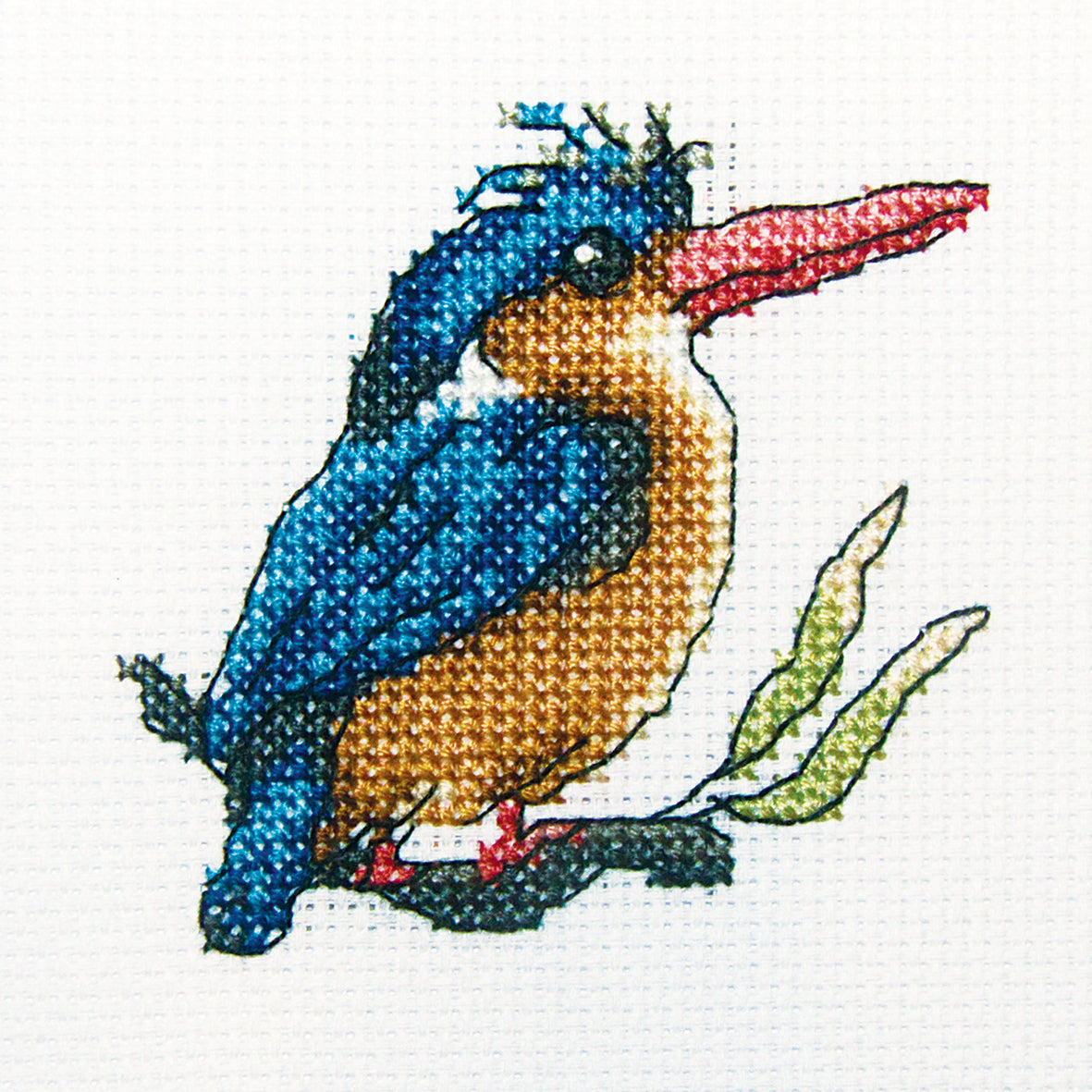 Halcyon H224 Counted Cross Stitch Kit featuring white Aida canvas, colorful threads, and included needle and instructions.