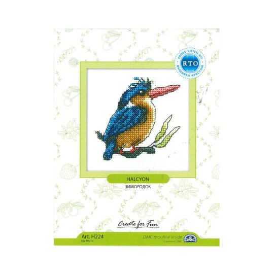 Halcyon H224 Counted Cross Stitch Kit featuring white Aida canvas, colorful threads, and included needle and instructions.