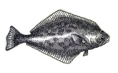 Halibut Fish embroidered iron-on patch, measuring 6 inches by 3.17 inches, featuring intricate stitching and vibrant colors.