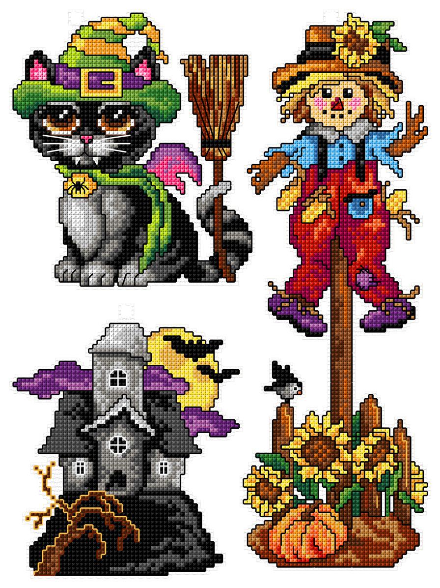 Halloween Counted Cross-Stitch Kit featuring vibrant colors and essential materials for crafting.