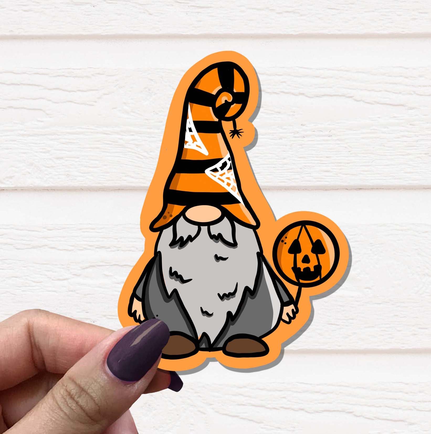 A colorful Halloween Gnome Vinyl Sticker featuring a whimsical gnome in a Halloween-themed design, perfect for decorating various items.