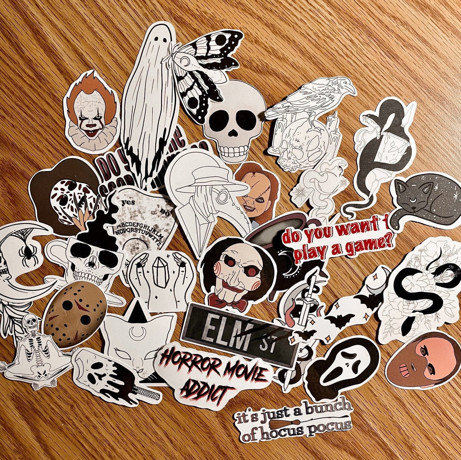 A colorful assortment of Halloween-themed stickers including pumpkins, ghosts, and witches, perfect for customizing personal items.