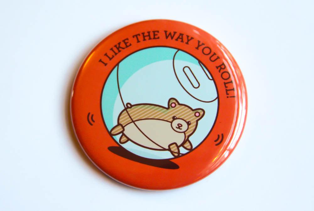 Hamster Magnet or Pin featuring a cute hamster in a ball, available in multiple formats.