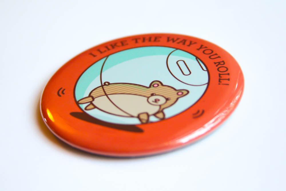 Hamster Magnet or Pin featuring a cute hamster in a ball, available in multiple formats.