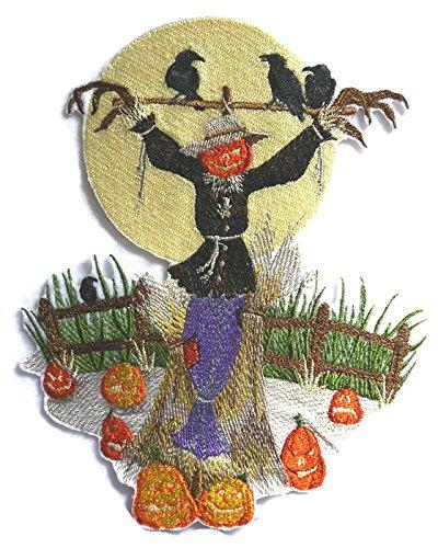 Happy Halloween Spooky Scarecrow embroidered patch, featuring vibrant colors and intricate embroidery on a durable cotton base.