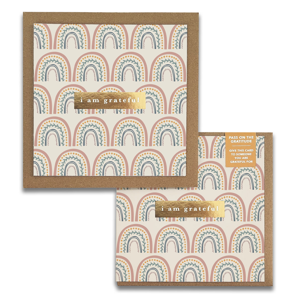 Happy Rainbows Gratitude Greeting Cards featuring gold foil design and kraft envelopes, perfect for expressing gratitude.