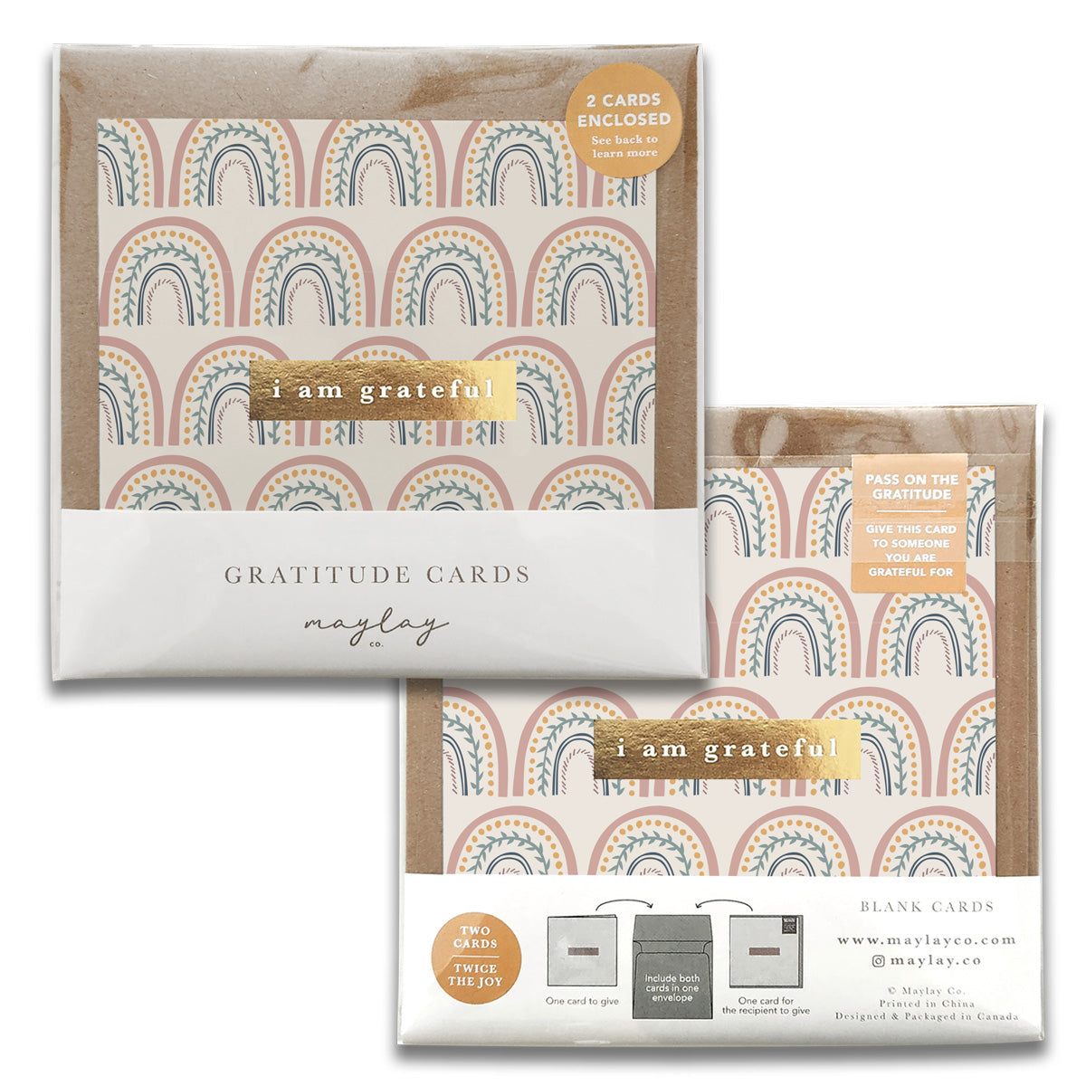 Happy Rainbows Gratitude Greeting Cards featuring gold foil design and kraft envelopes, perfect for expressing gratitude.