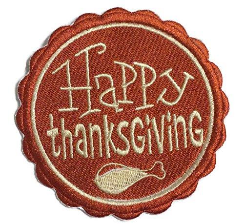 Happy Thanksgiving Stamp embroidered patch, featuring vibrant colors and intricate design, measuring 3.86 x 3.85 inches, perfect for iron-on or sewing.