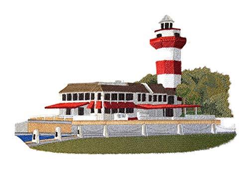 Harbor Town Lighthouse embroidered patch showcasing intricate lighthouse design on a cotton base, ideal for iron-on or sew-on applications.