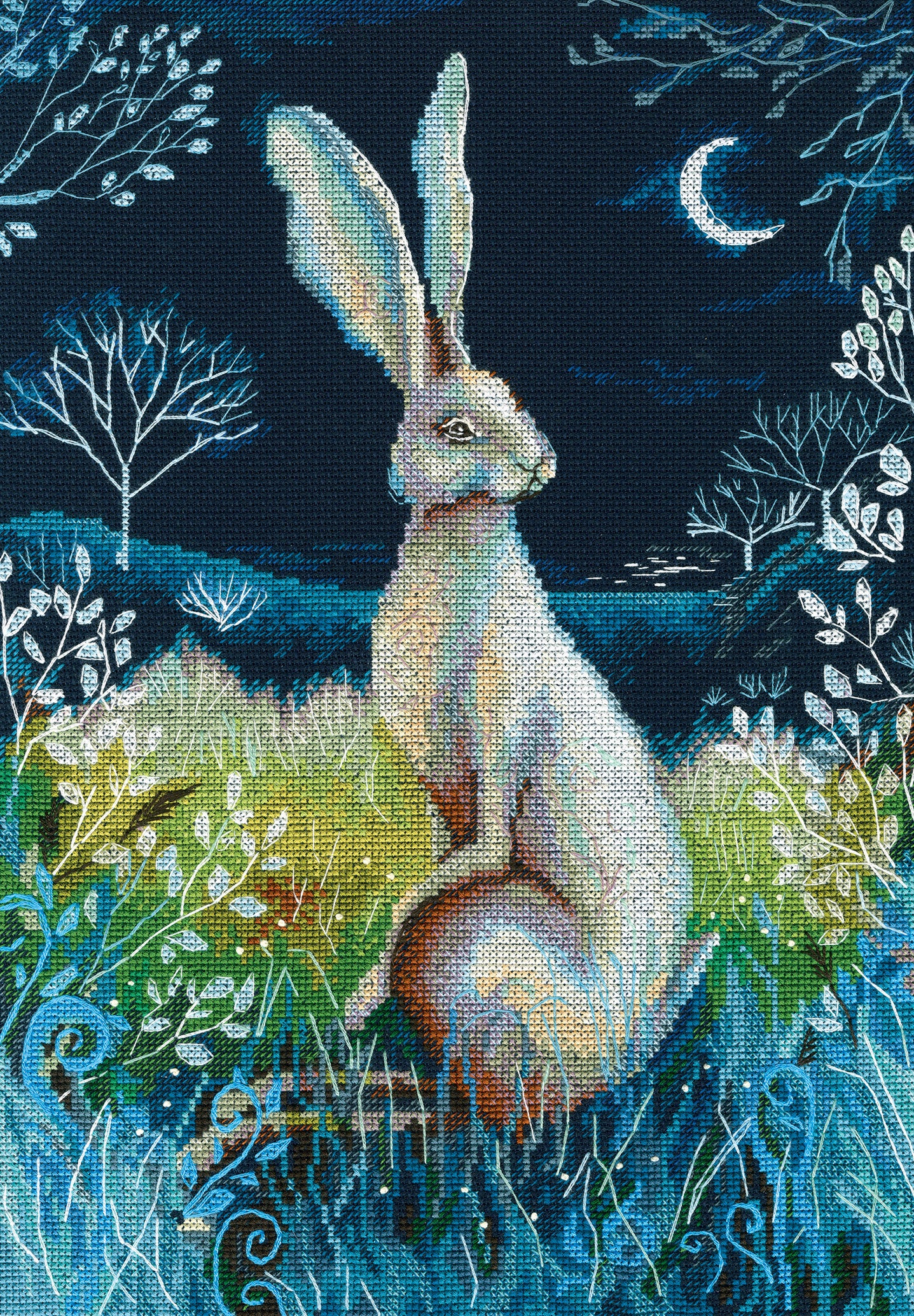 Hare by Night M611 Counted Cross Stitch Kit featuring navy Aida fabric, DMC threads, and detailed instructions.