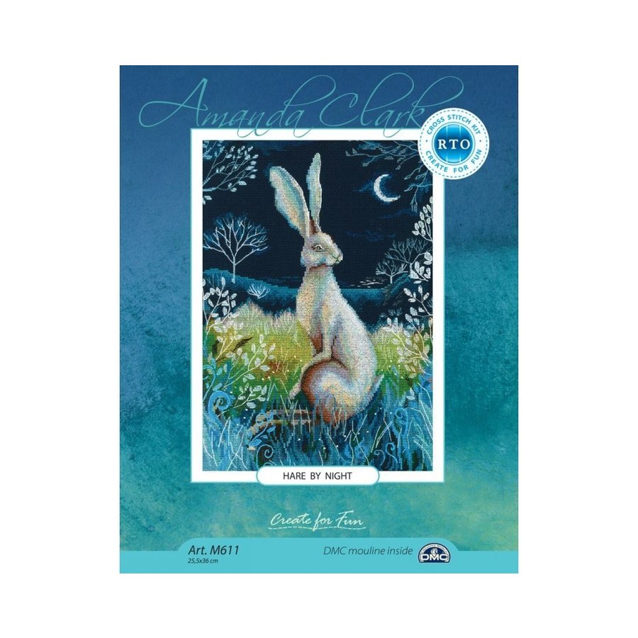 Hare by Night M611 Counted Cross Stitch Kit featuring navy Aida fabric, DMC threads, and detailed instructions.