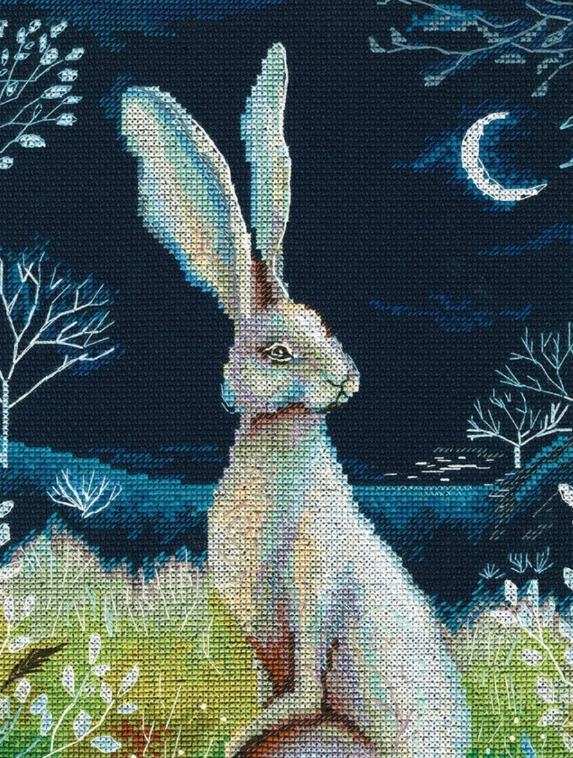 Hare by Night M611 Counted Cross Stitch Kit featuring navy Aida fabric, DMC threads, and detailed instructions.