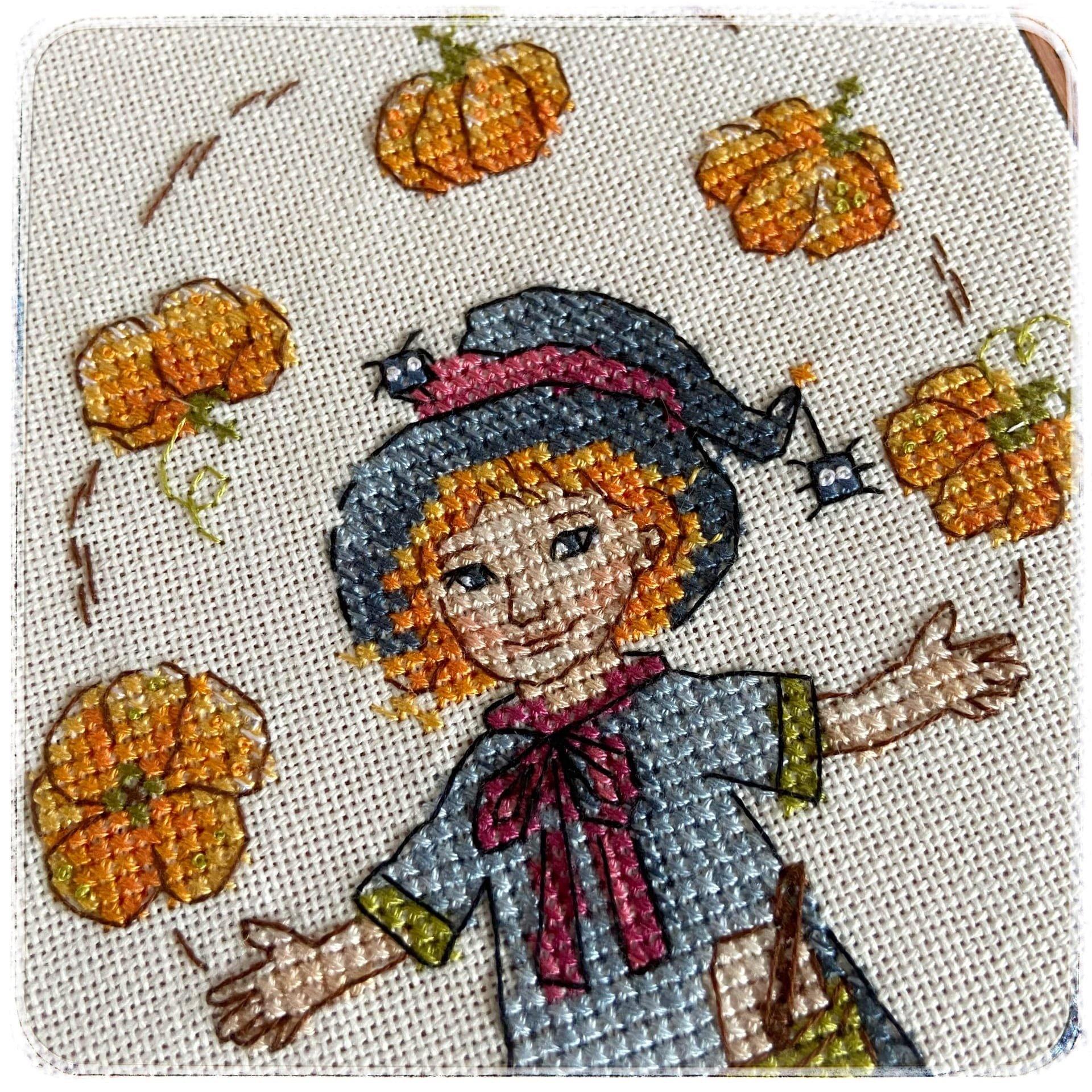 Harvest Festival SP-08 Counted Cross-Stitch Kit featuring a witch girl and pumpkins, showcasing quality materials and design.