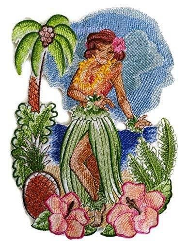 Hawaii Retro Hula Girl embroidered patch, featuring vibrant colors and intricate details, measuring 10 inches by 7 inches.