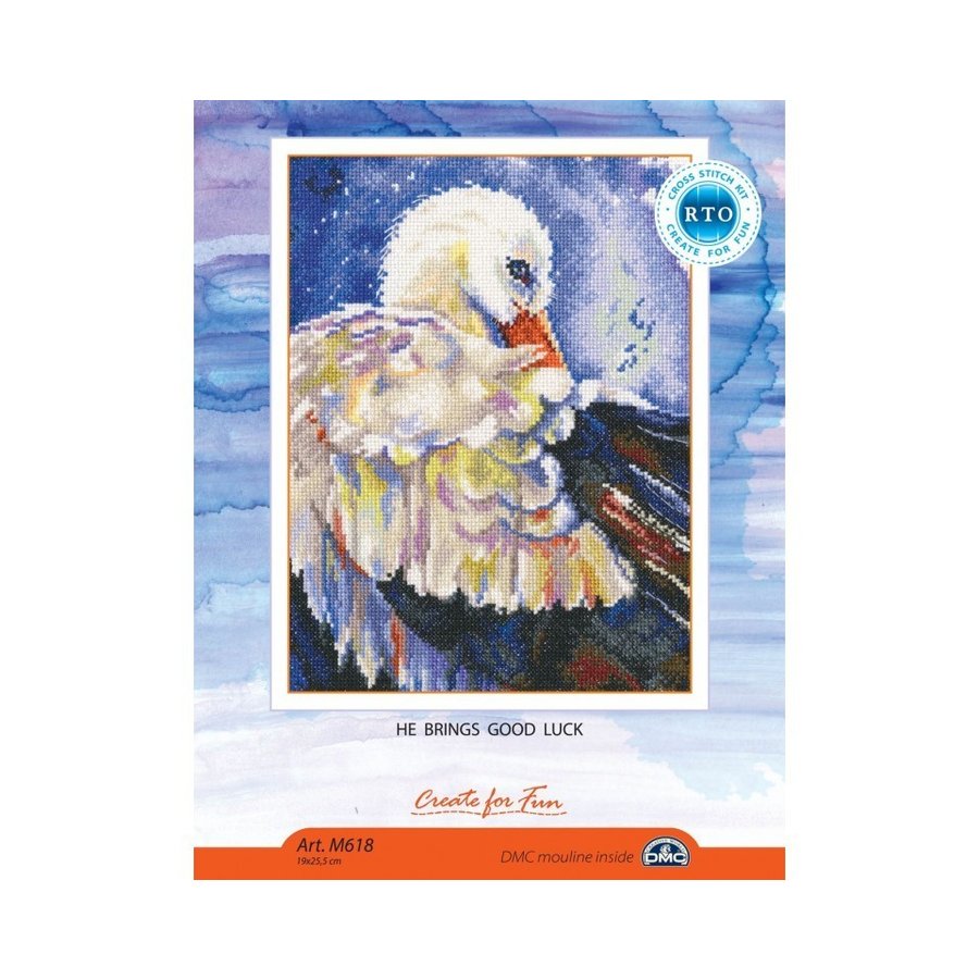 He brings good luck M618 Counted Cross Stitch Kit with Aida canvas, DMC threads, and instructions, showcasing vibrant colors and detailed design.