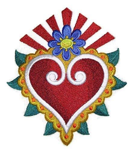 Heart and Flower Milagro embroidered patch on a white background, showcasing vibrant colors and intricate design.