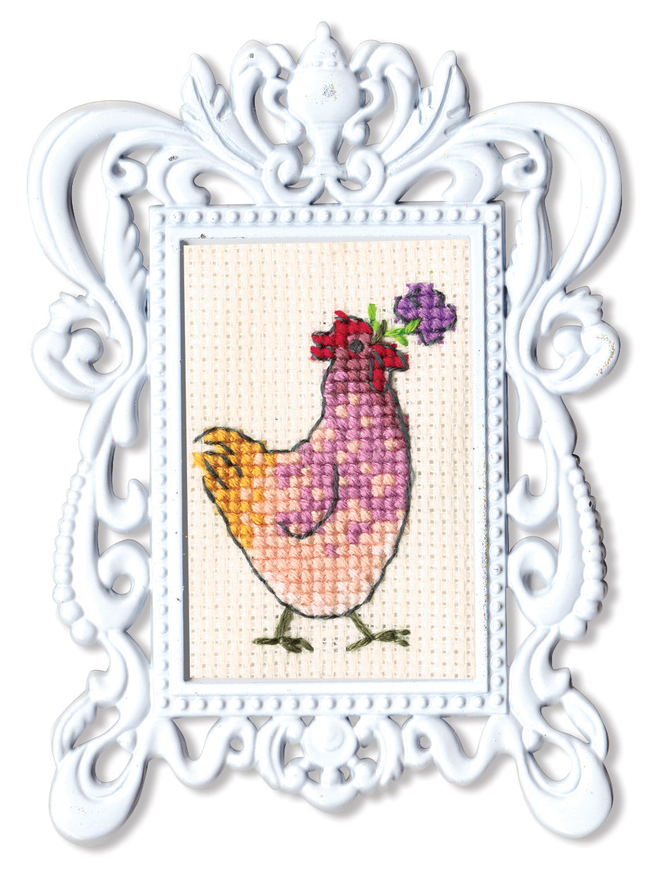 Hen with flower counted cross stitch kit featuring Aida fabric, DMC threads, and included frame.