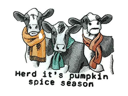 Herd It's Pumpkin Spice Season Cows embroidered patch featuring a cute cow design, perfect for iron-on or sewing applications.