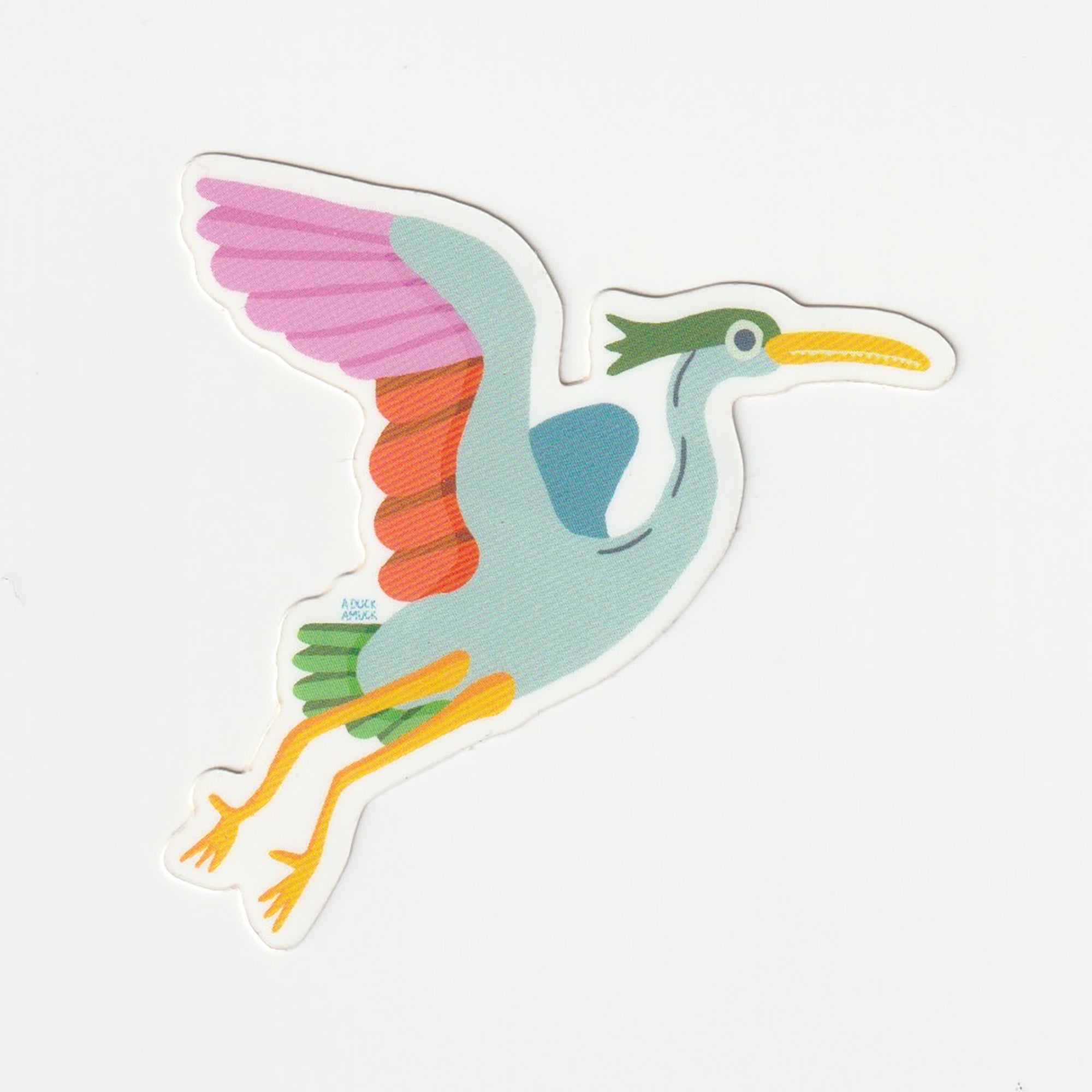 A glossy vinyl sticker featuring a beautifully designed heron, measuring 2.5 inches square, ideal for personalizing items.