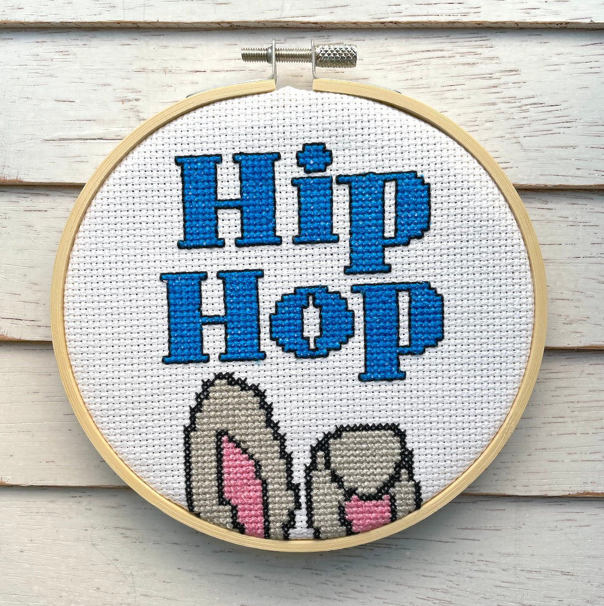 Hip Hop Counted Cross Stitch Kit with vibrant threads, Aida fabric, and wood hoop, showcasing a unique hip hop design.