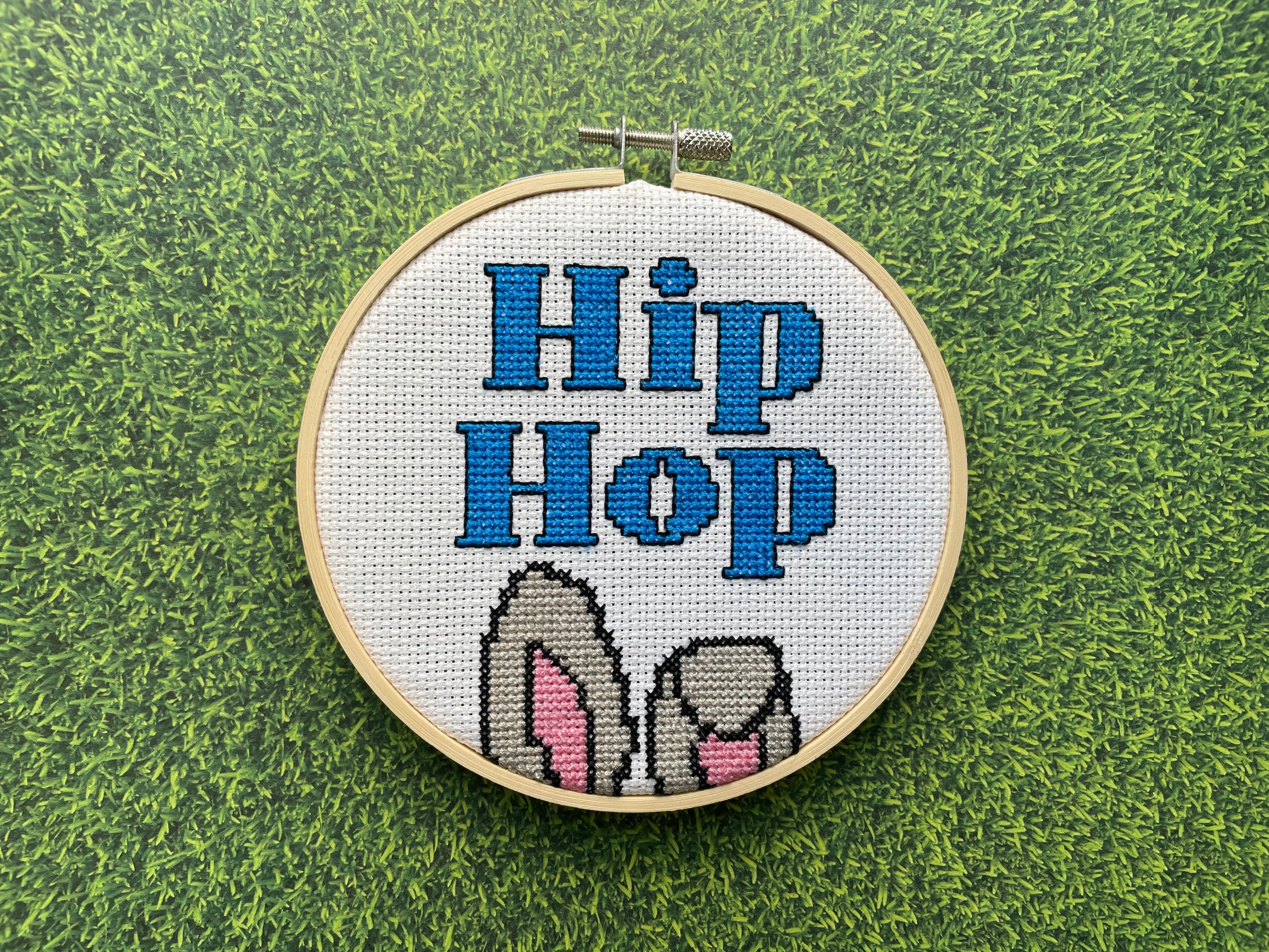 Hip Hop Counted Cross Stitch Kit with vibrant threads, Aida fabric, and wood hoop, showcasing a unique hip hop design.