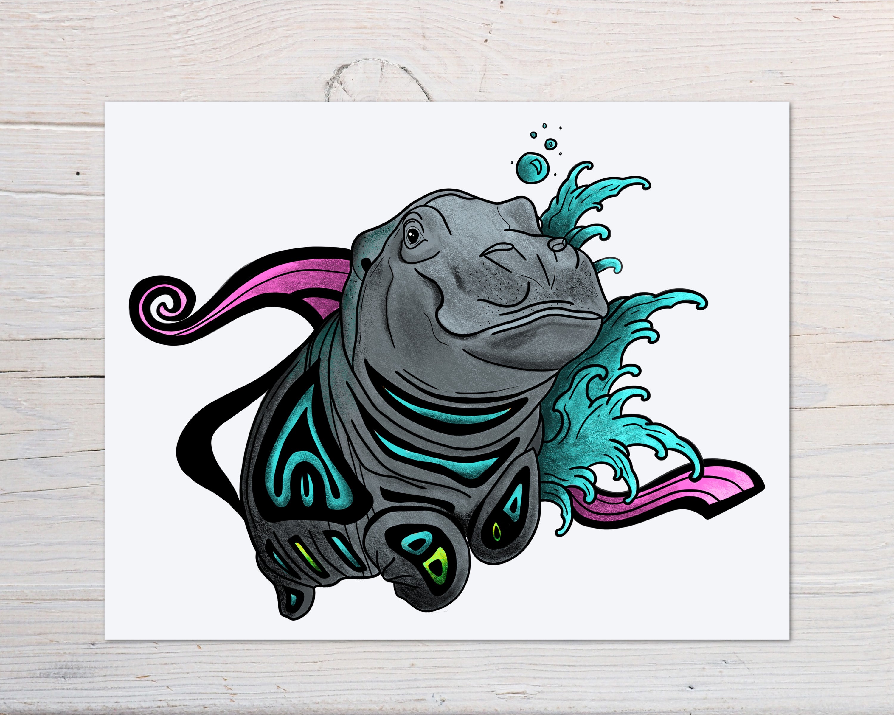 Hippo Print - Hamlet, 2021, a vibrant art piece on matte paper, hand-signed and dated, showcasing beautiful colors and contrast.